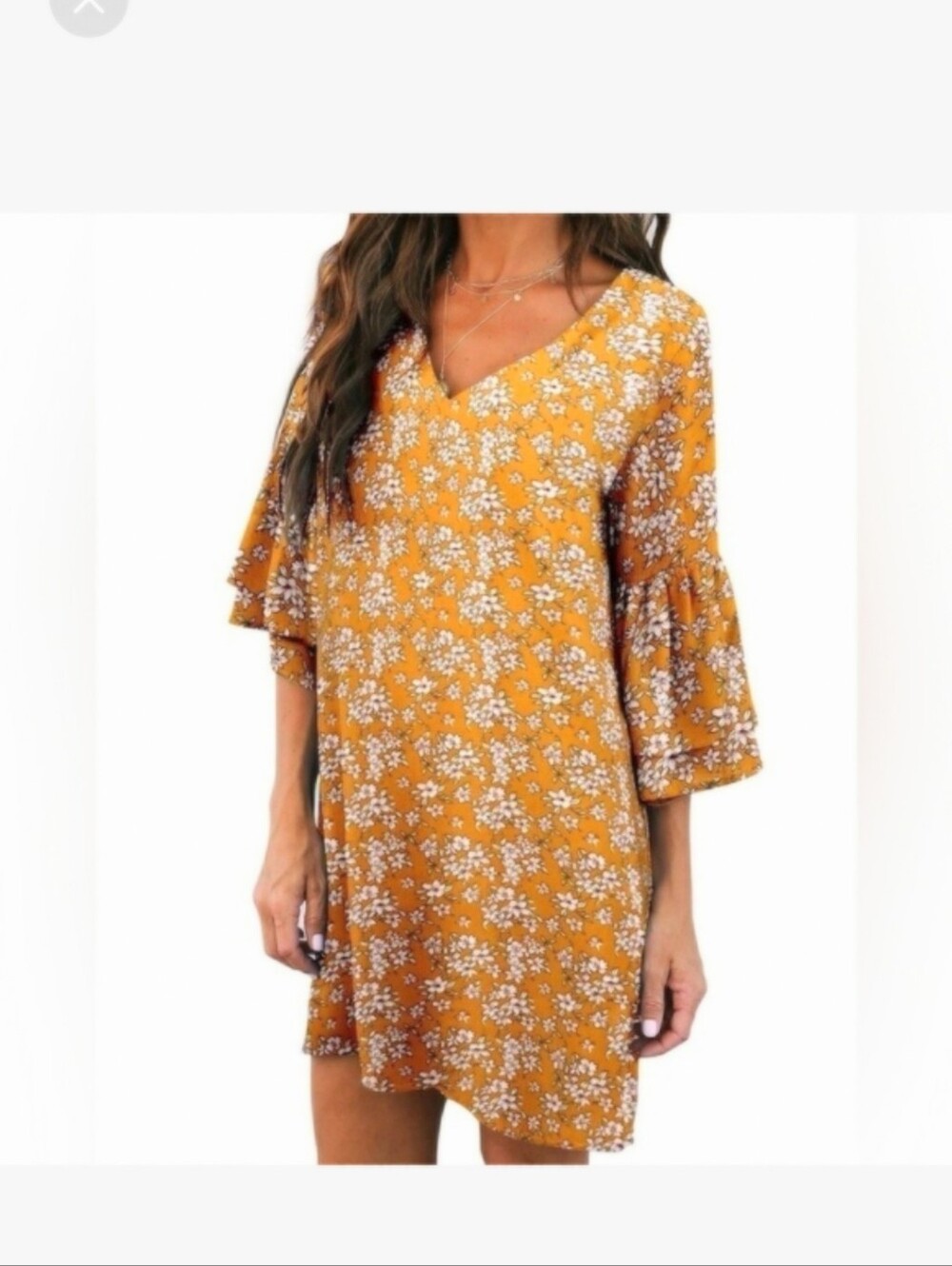 BOHO Belongsci Mustard Floral V Neck Bell Sleeves Dress - Picture 10 of 10